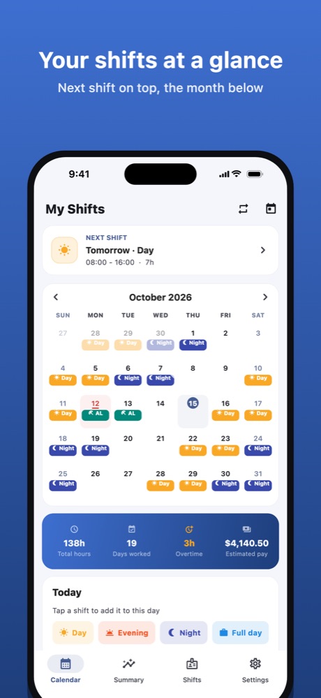 The month calendar with your next shift